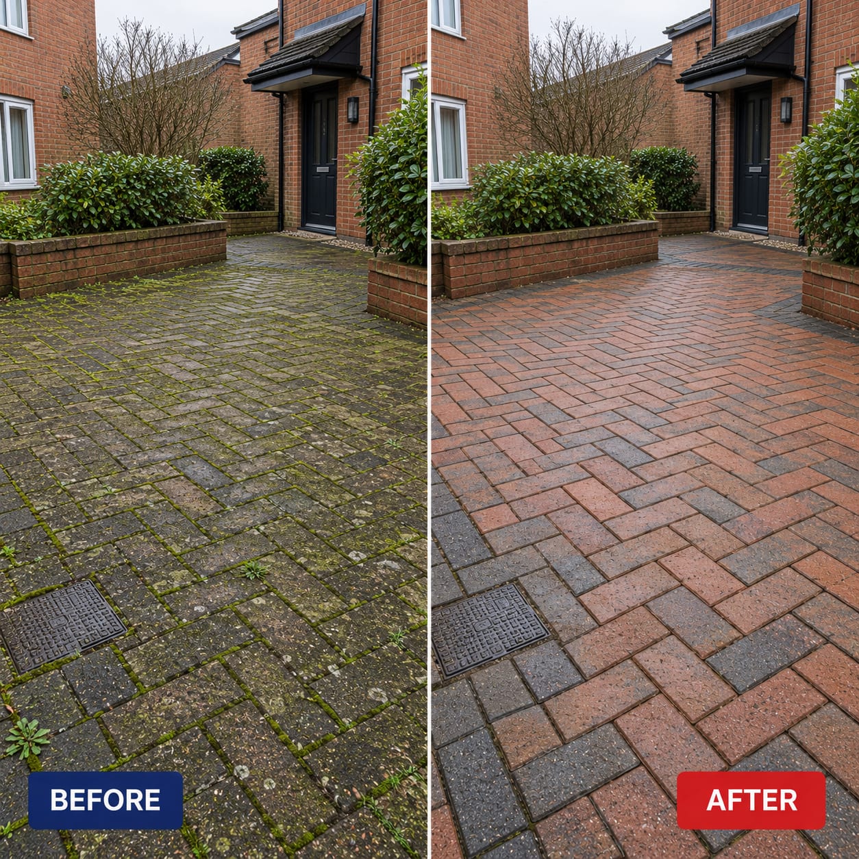 Before and after: block paving cleaned and weeds and moss removed from the joints