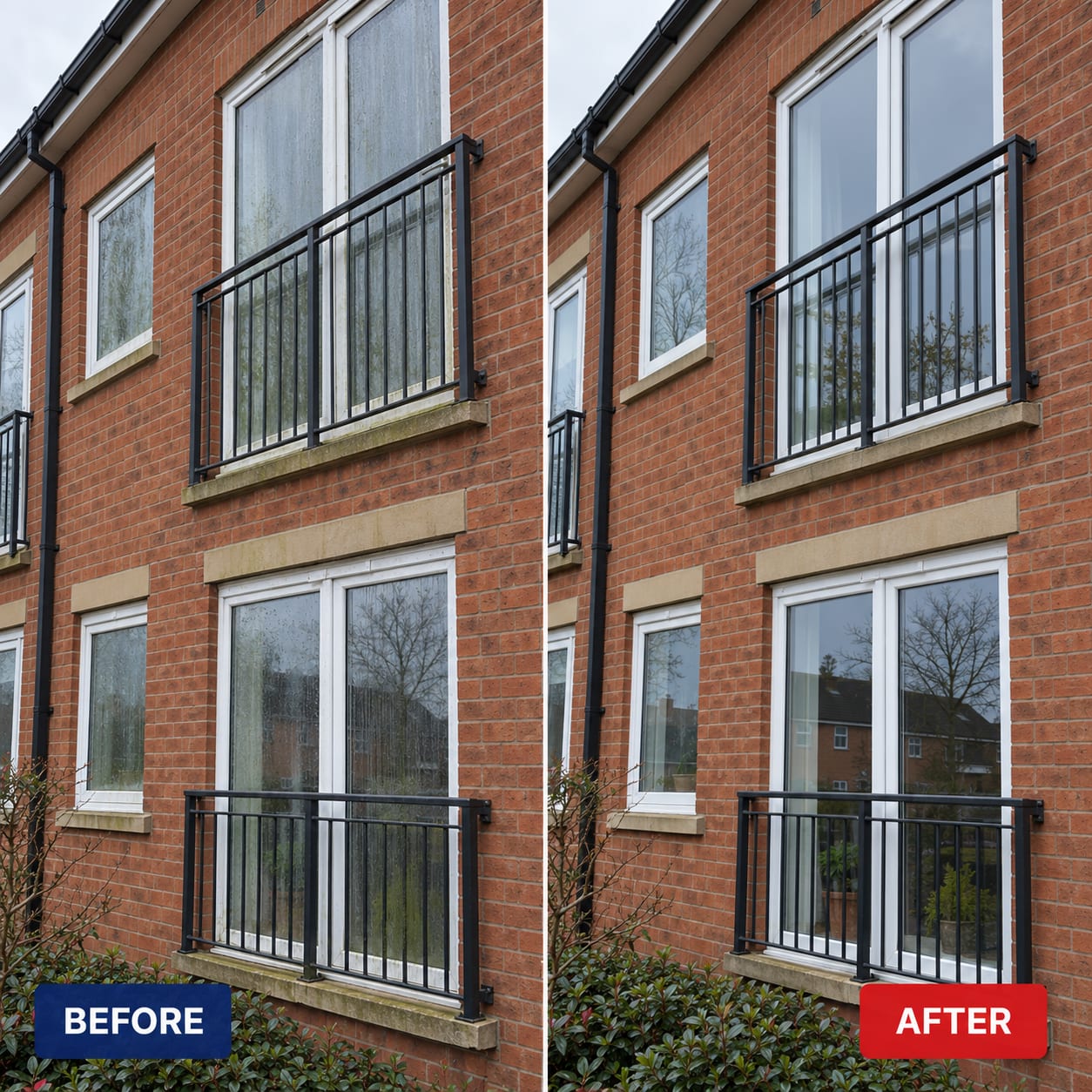 Before and after: brick apartment block: windows, frames and sills cleaned of green staining