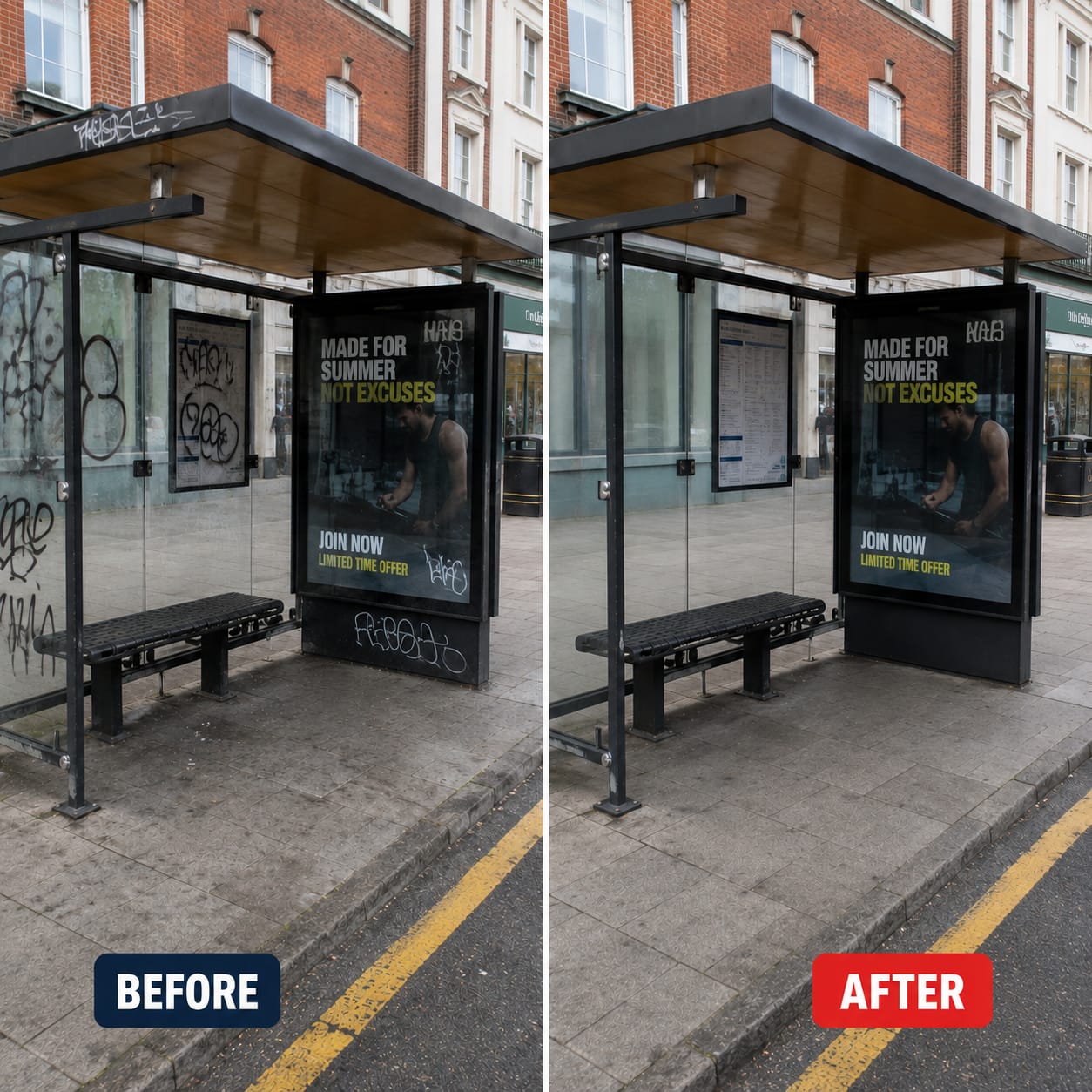 Before and after — graffiti / grime removed and surface restored