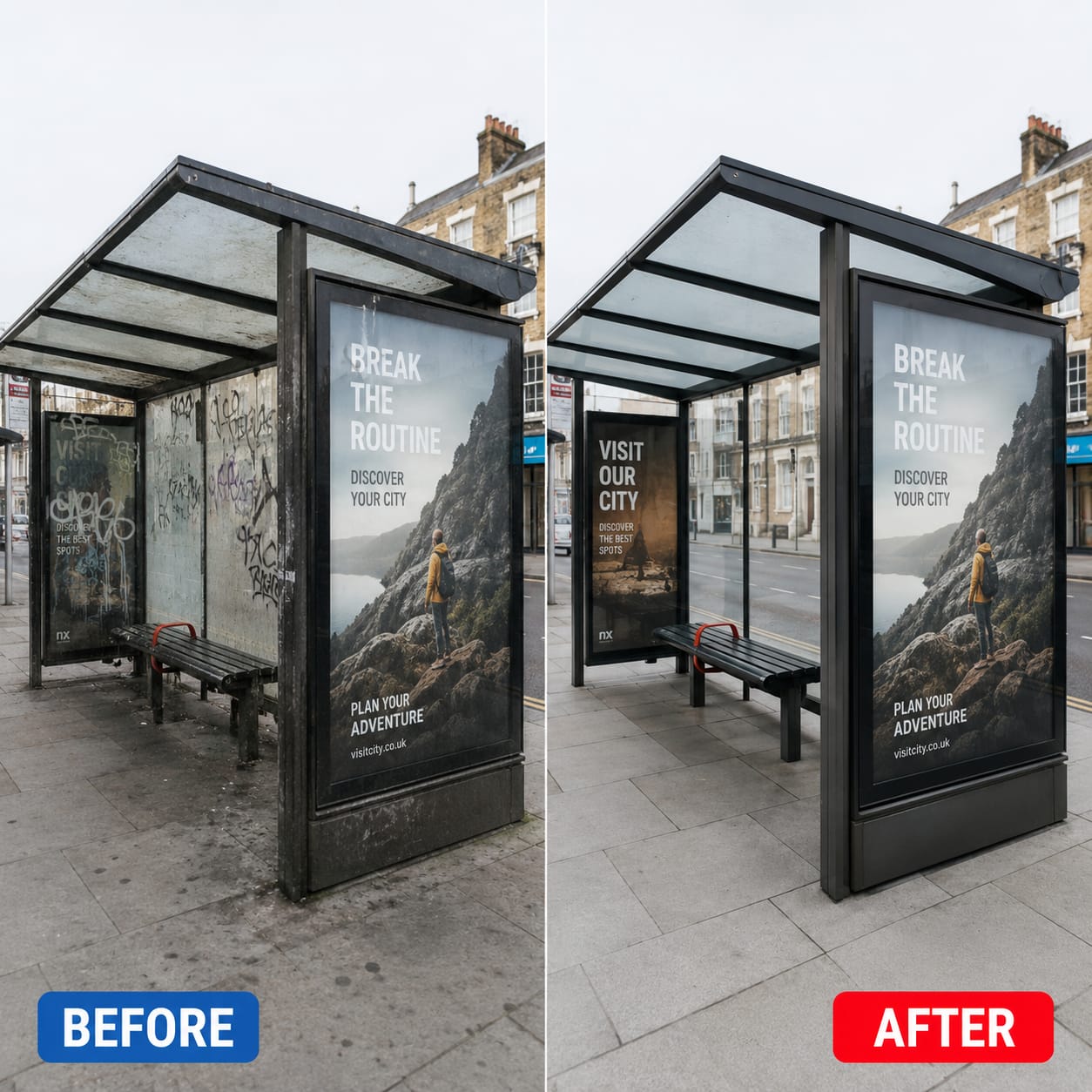 Before and after — graffiti / grime removed and surface restored
