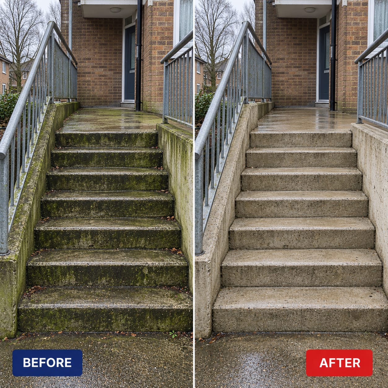 Before and after: concrete steps and walls cleared of moss and algae