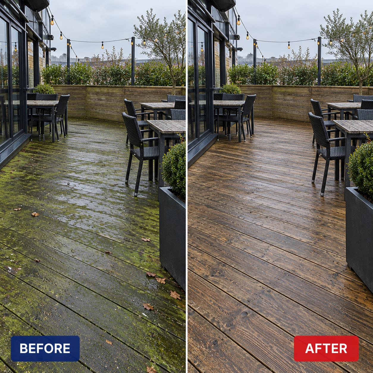Before and after: terrace decking cleared of algae and made safe underfoot