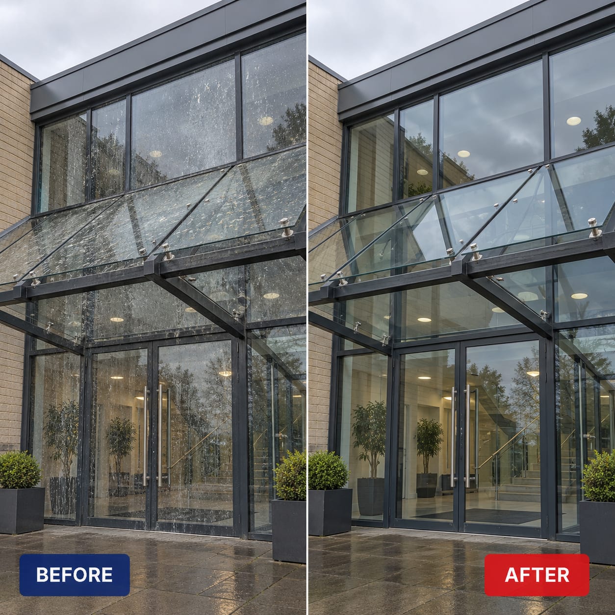 Before and after: glass entrance canopy and glazing cleaned of grime and streaking