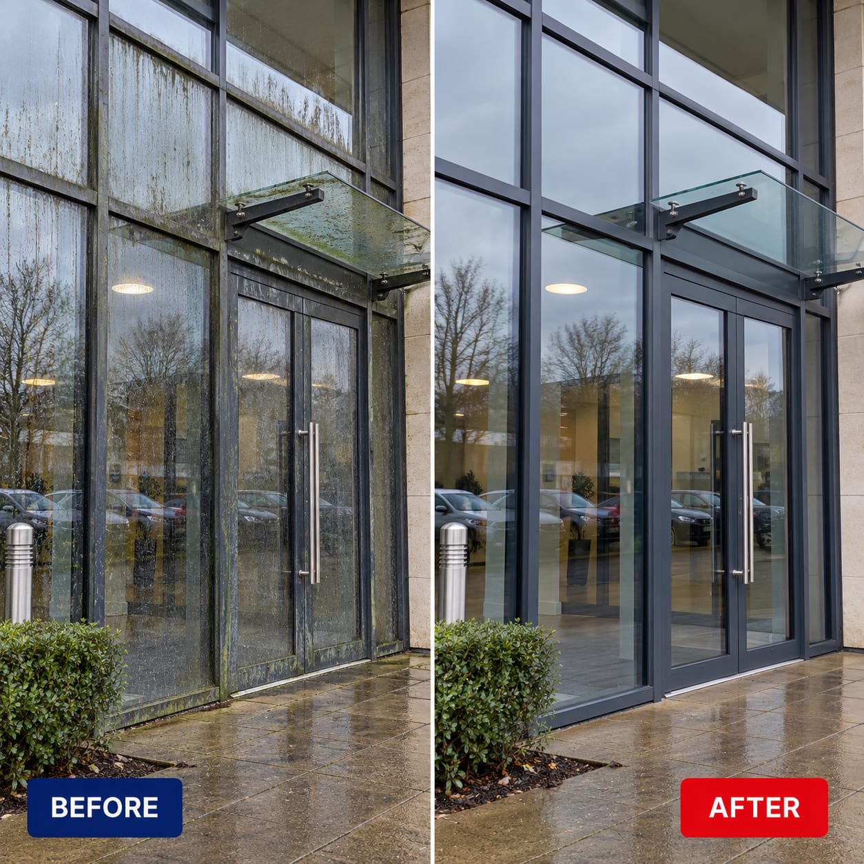 Before and after: glazed office entrance and canopy cleaned