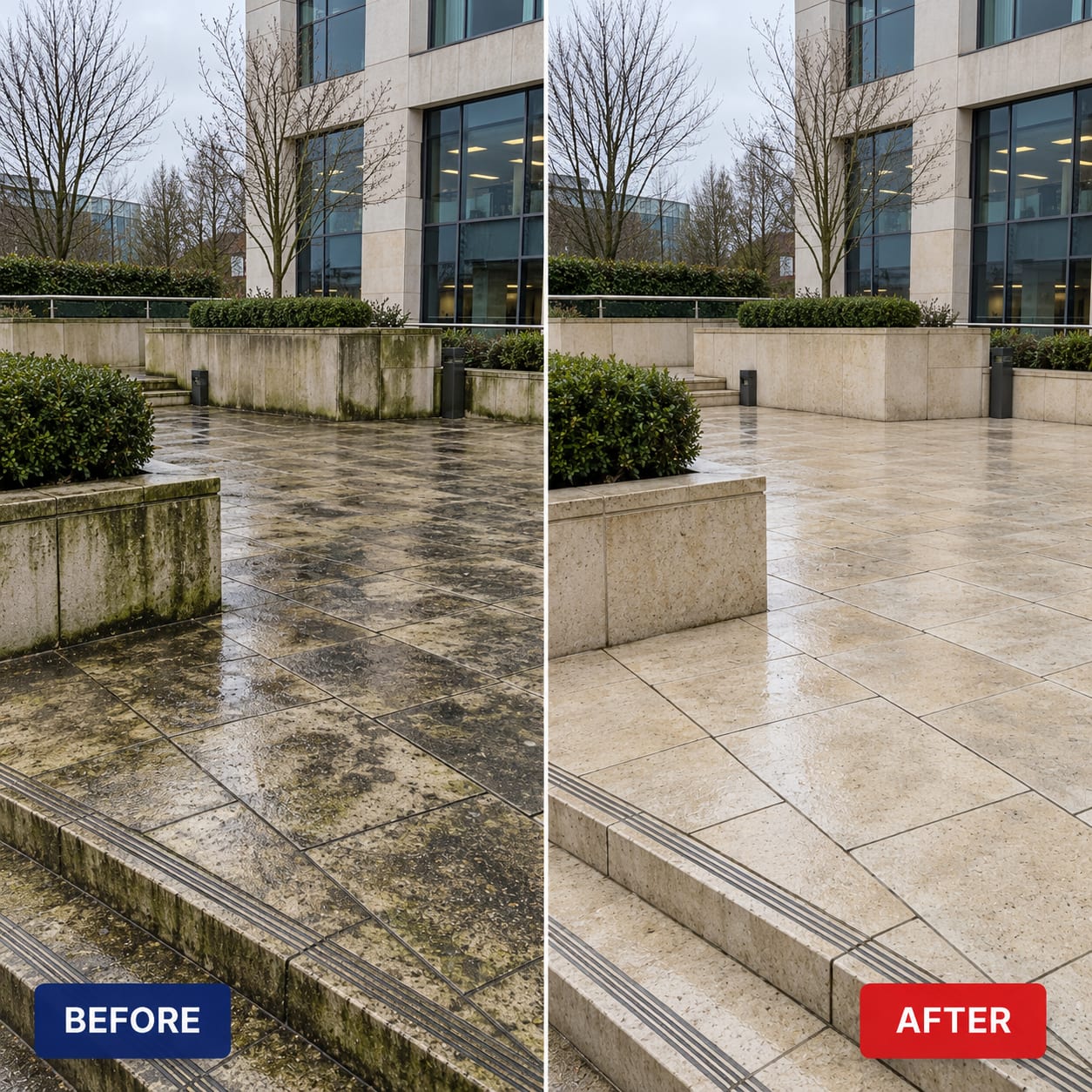 Before and after: office plaza paving and planters cleaned of algae and grime