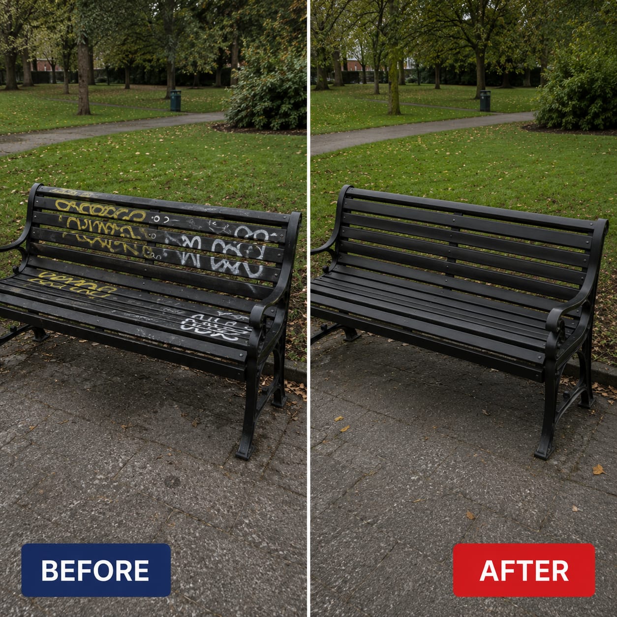 Before and after — graffiti / grime removed and surface restored