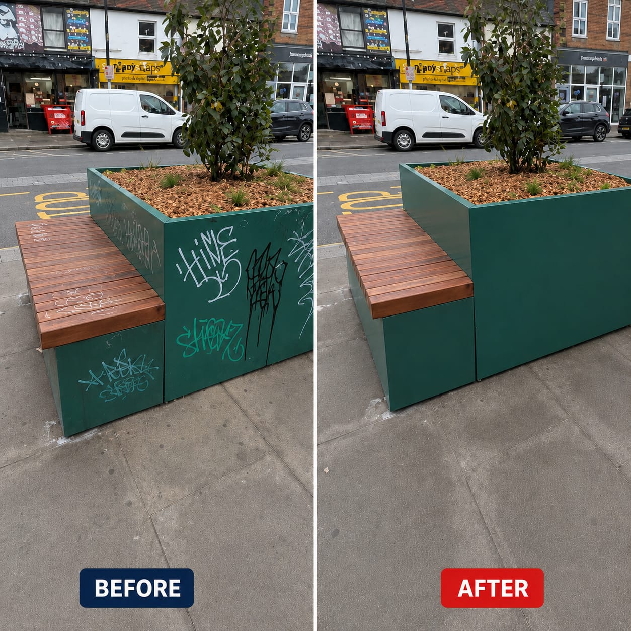 Before and after — graffiti / grime removed and surface restored