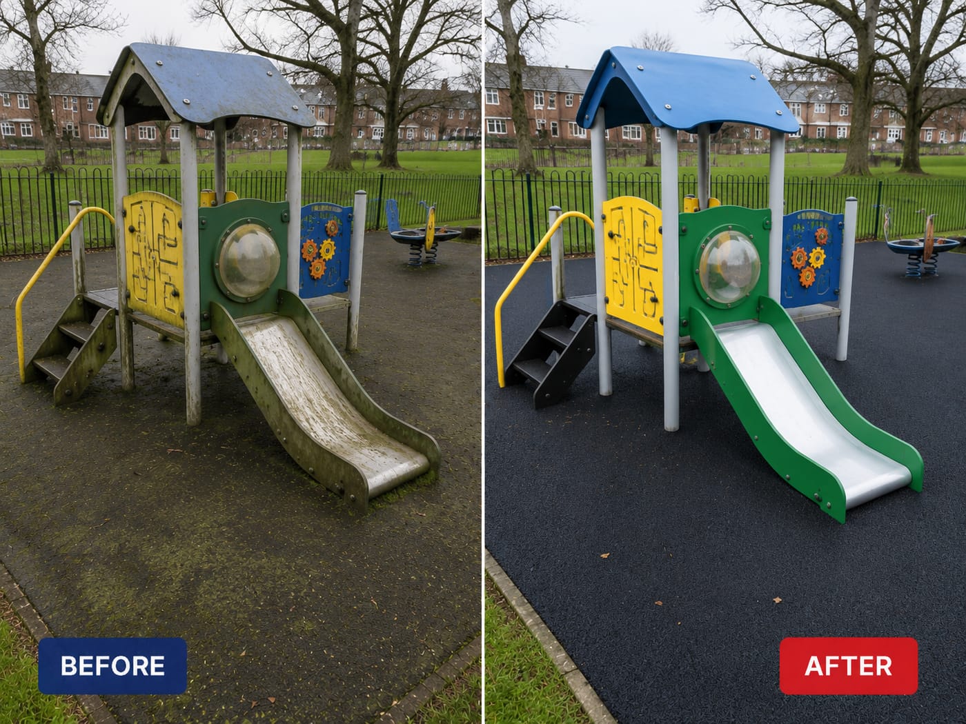 Before and after graffiti removal — Play equipment - moss and algae deep cleaned, Manchester & the North West