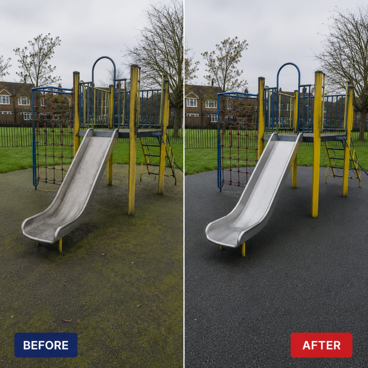 Before and after — graffiti / grime removed and surface restored