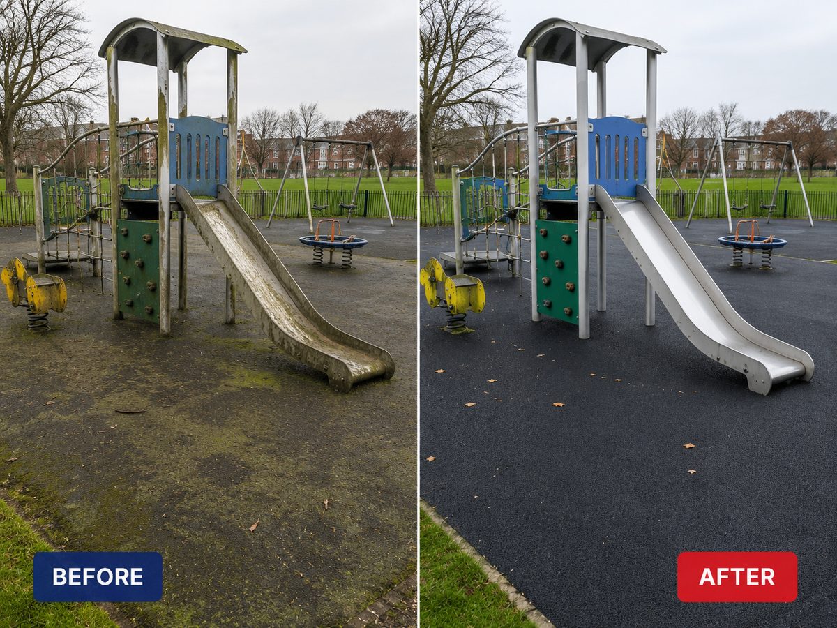 Before and after — graffiti / grime removed and surface restored