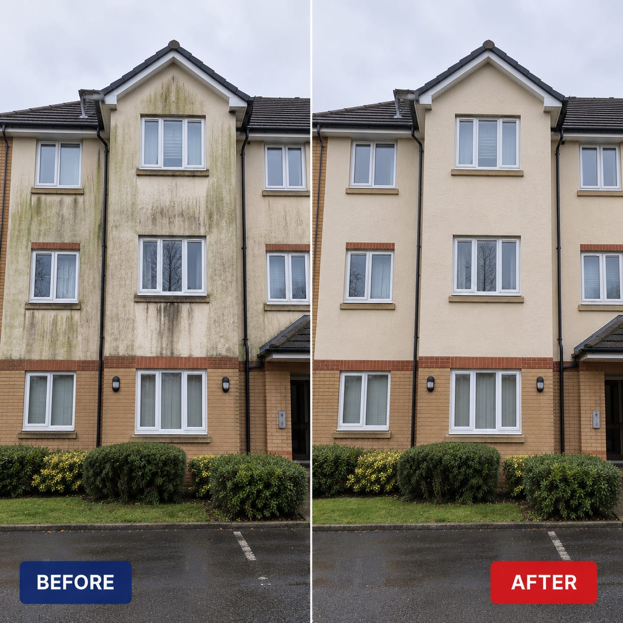 Before and after: rendered apartment block cleaned of green algae streaks