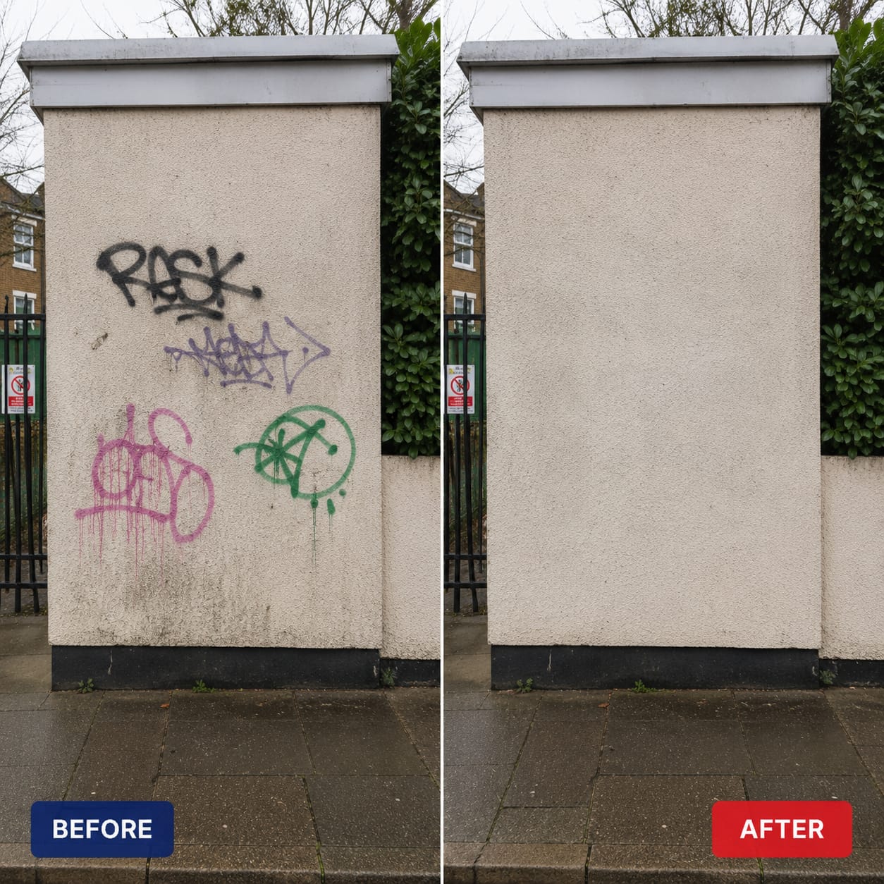 Before and after: spray paint graffiti removed from a rendered pillar at a commercial site
