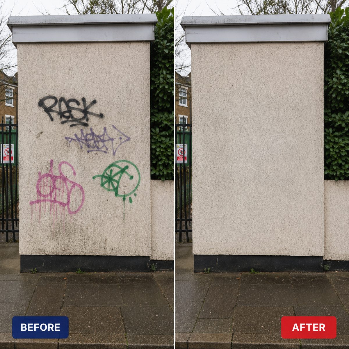 Before and after — graffiti / grime removed and surface restored