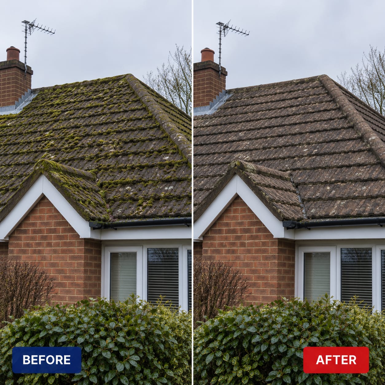 Before and after: roof tiles cleared of moss without lifting or damaging them