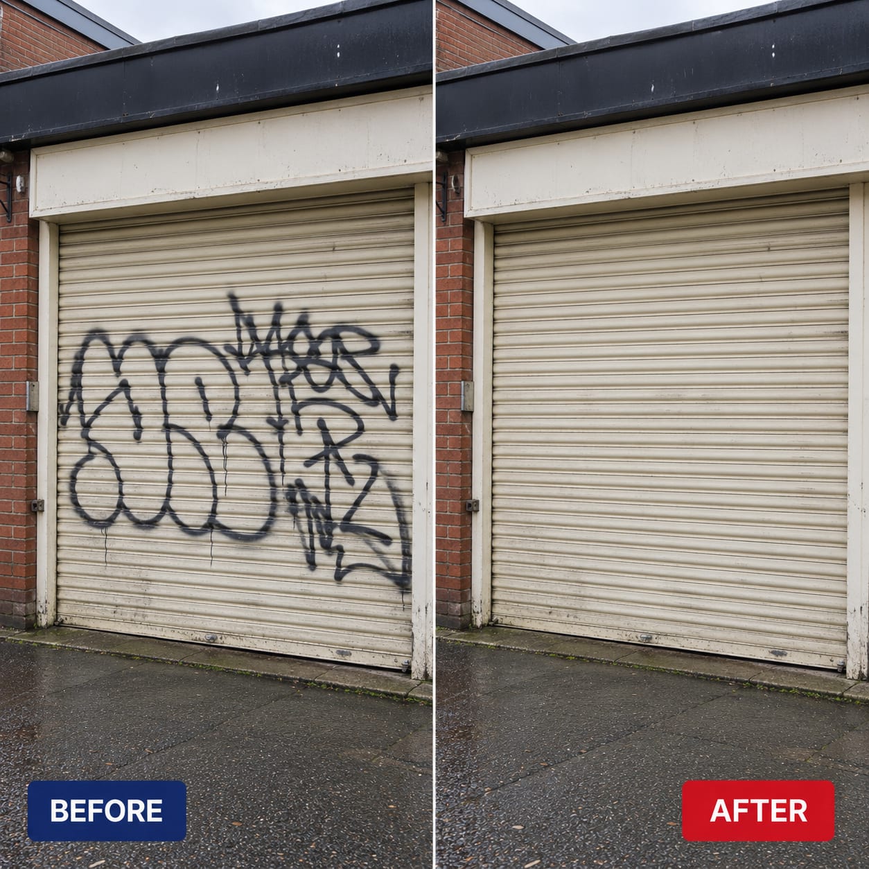 Before and after graffiti removal in Lancashire: roller shutter cleared of a large tag
