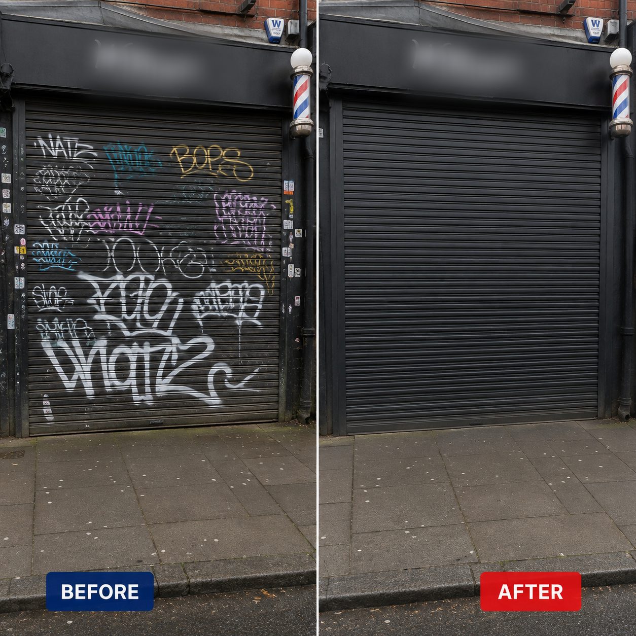 Before and after: a shopfront roller shutter covered in tags and stickers, cleaned back to its original black finish