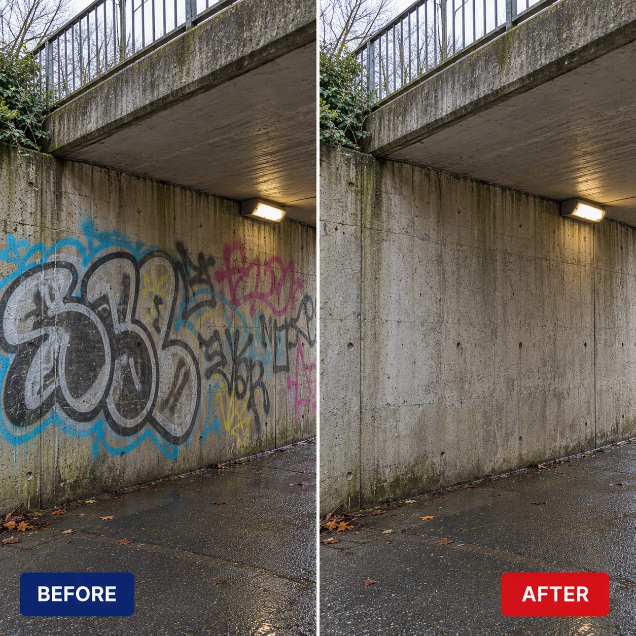 Before and after graffiti removal in Birmingham: concrete underpass wall cleared of graffiti