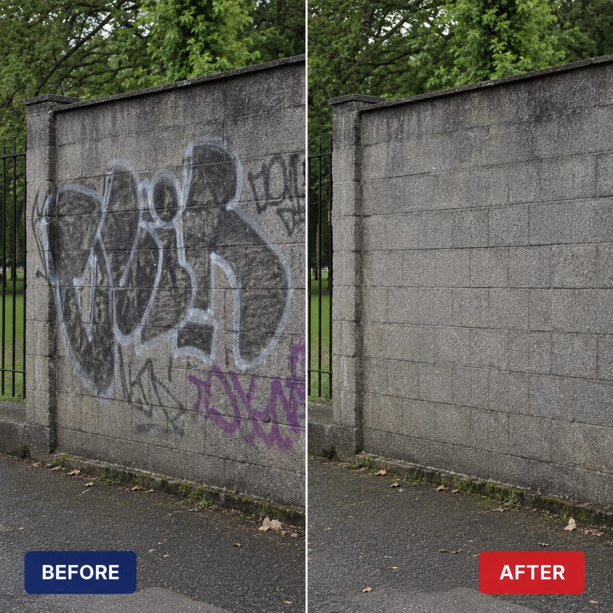 Before and after: stone wall cleaned and graffiti removed in the North West
