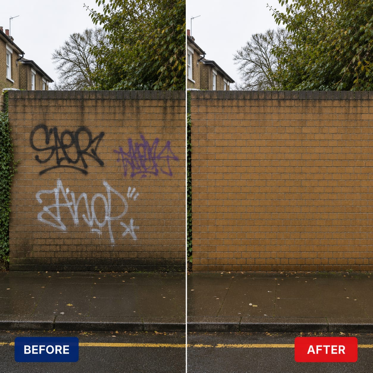 Before and after — graffiti / grime removed and surface restored