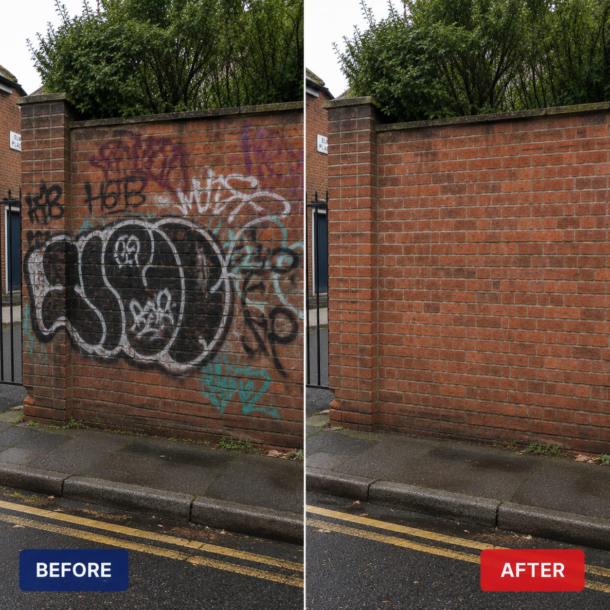 Before and after — graffiti / grime removed and surface restored