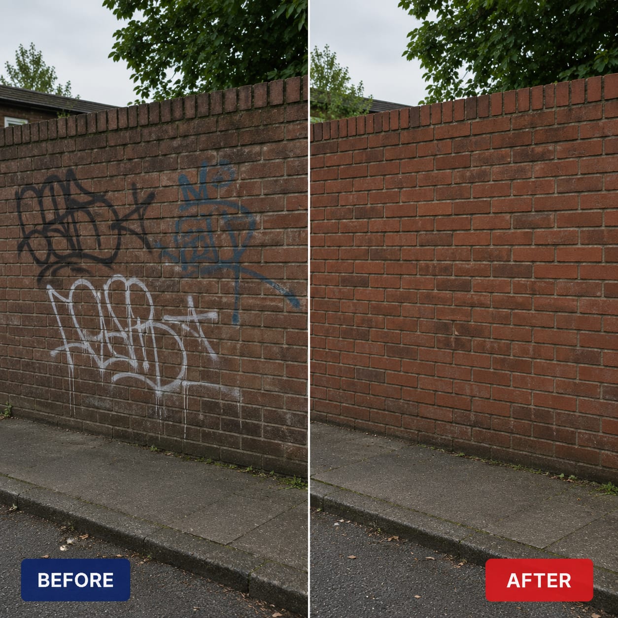 Before and after graffiti removal — Brick wall - multi-colour graffiti fully removed, Manchester & the North West