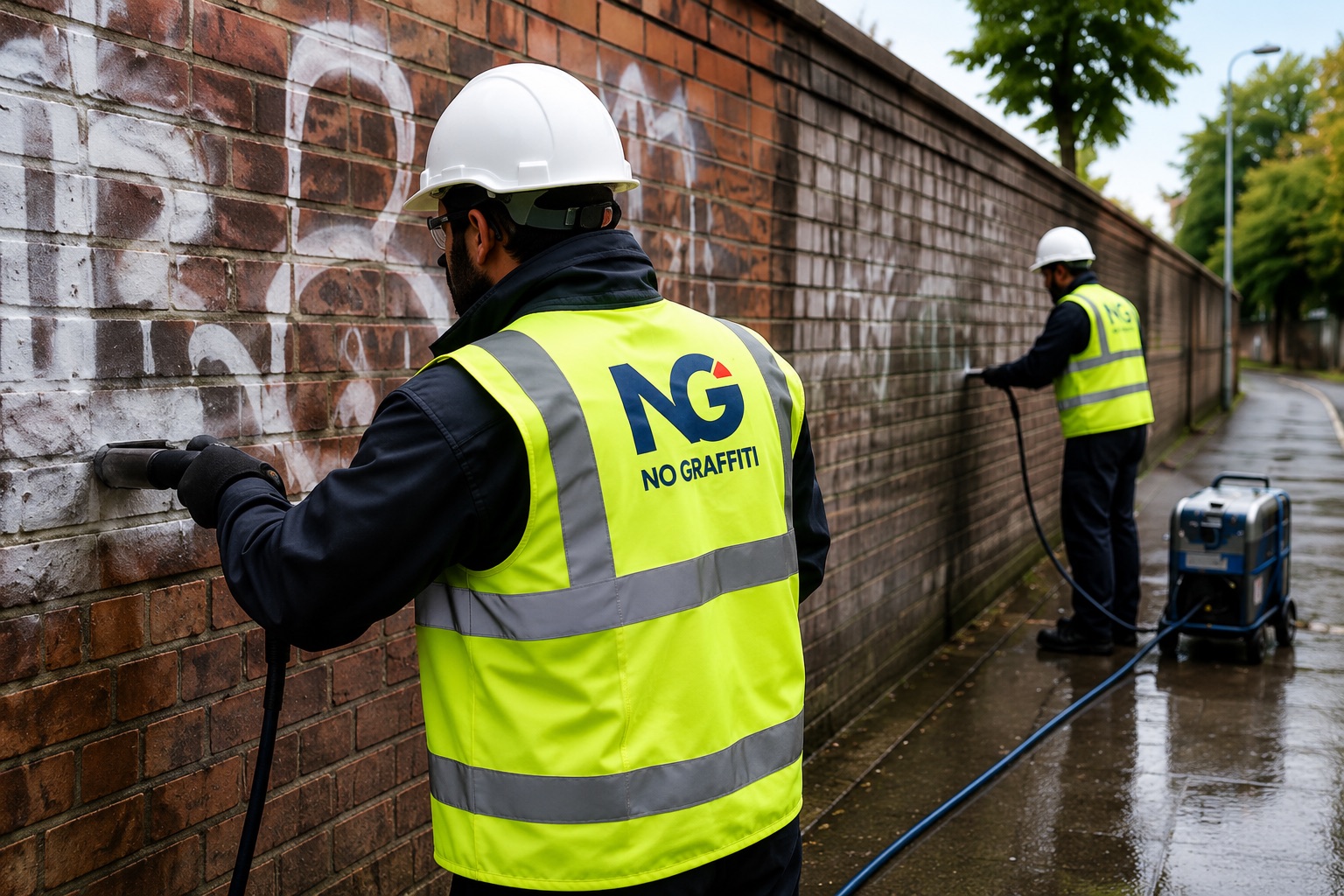 No Graffiti team in hi-vis pressure-washing graffiti from a brick wall